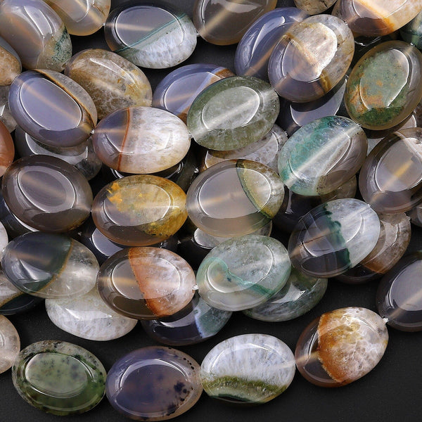 Rare Natural Teal Green Brown Gray Phantom Agate Beads Smooth Oval Gemstone 15.5" Strand