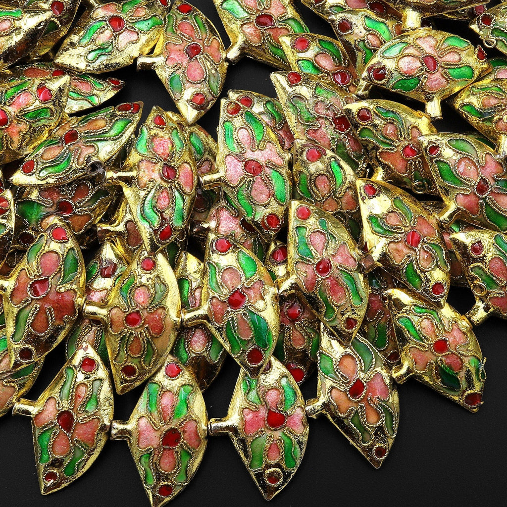 Gold Pink Green Fan Cloisonné Beads Handmade Decorative Floral Enamel Vintage Looking 15.5" Strand