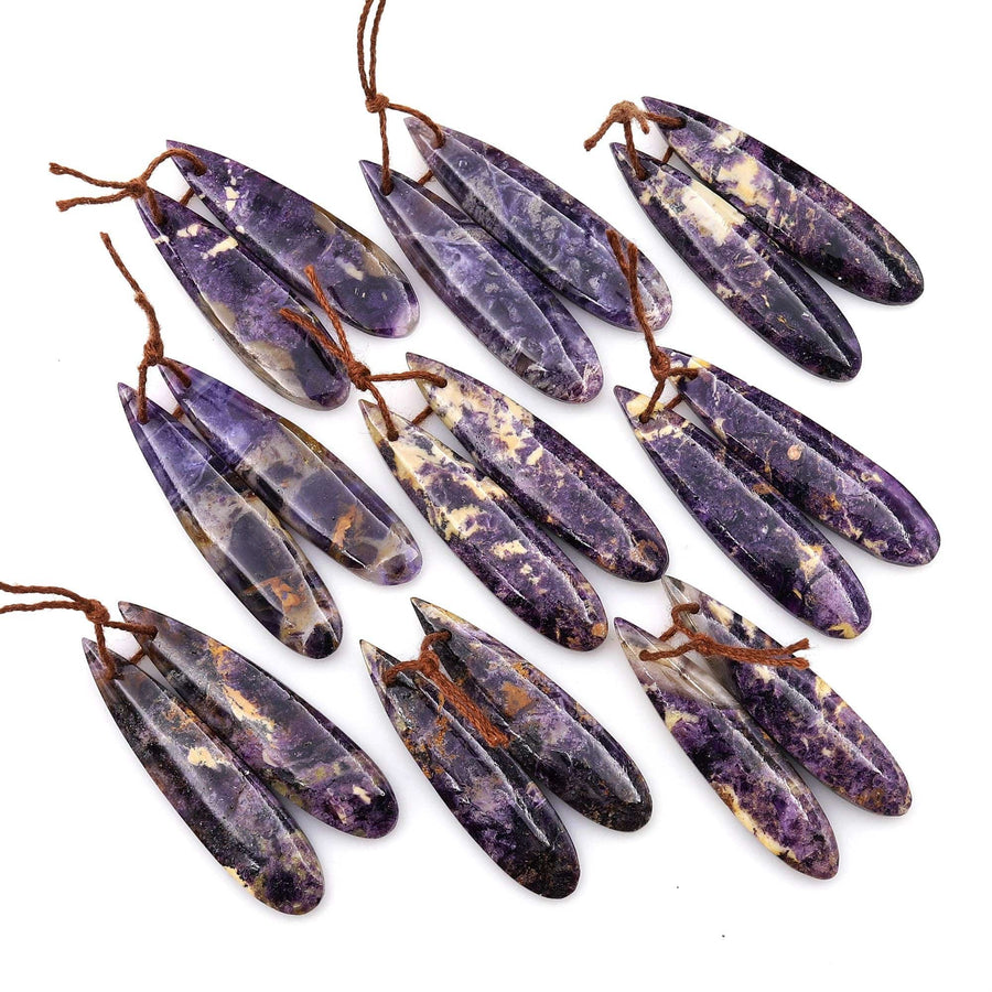 Natural African Petrified Purple Opal Earring Pair Matched Long Slender Teardrop Gemstone Beads