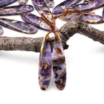 Natural African Petrified Purple Opal Earring Pair Matched Long Slender Teardrop Gemstone Beads