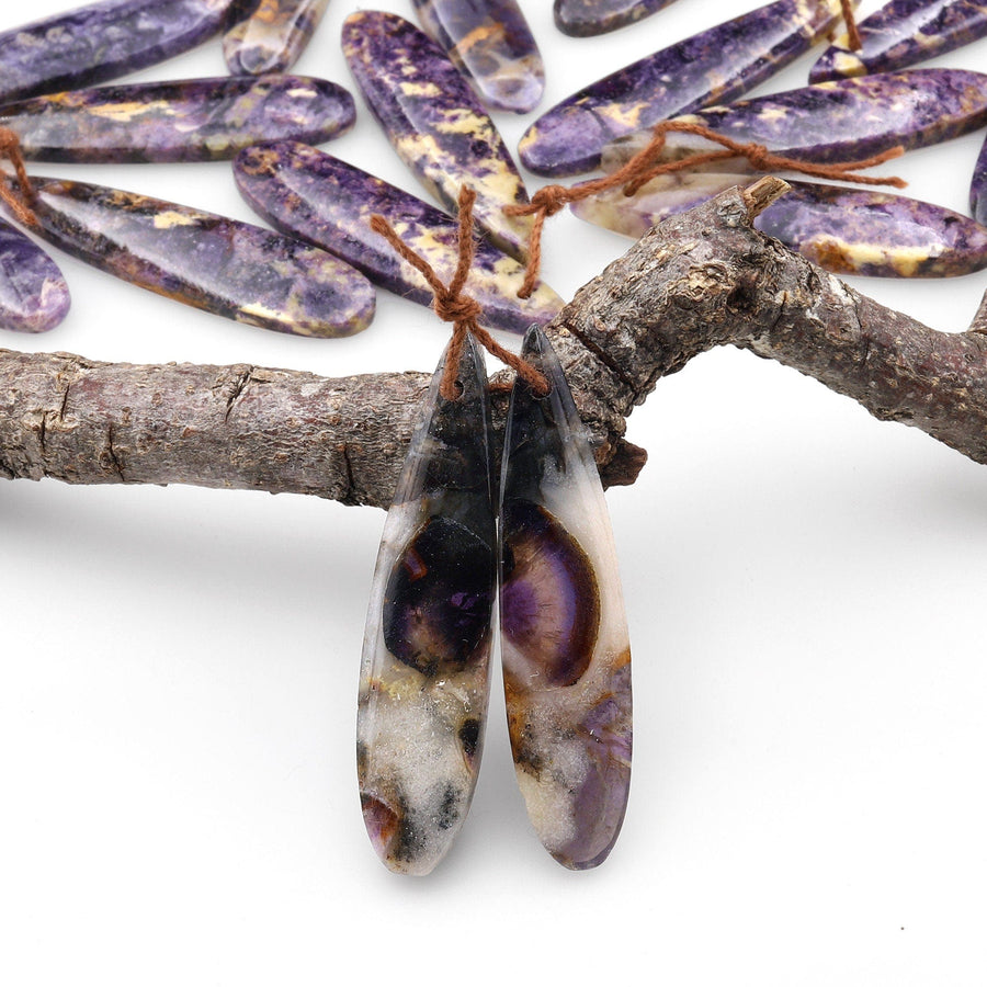 Natural African Petrified Purple Opal Earring Pair Matched Long Slender Teardrop Gemstone Beads