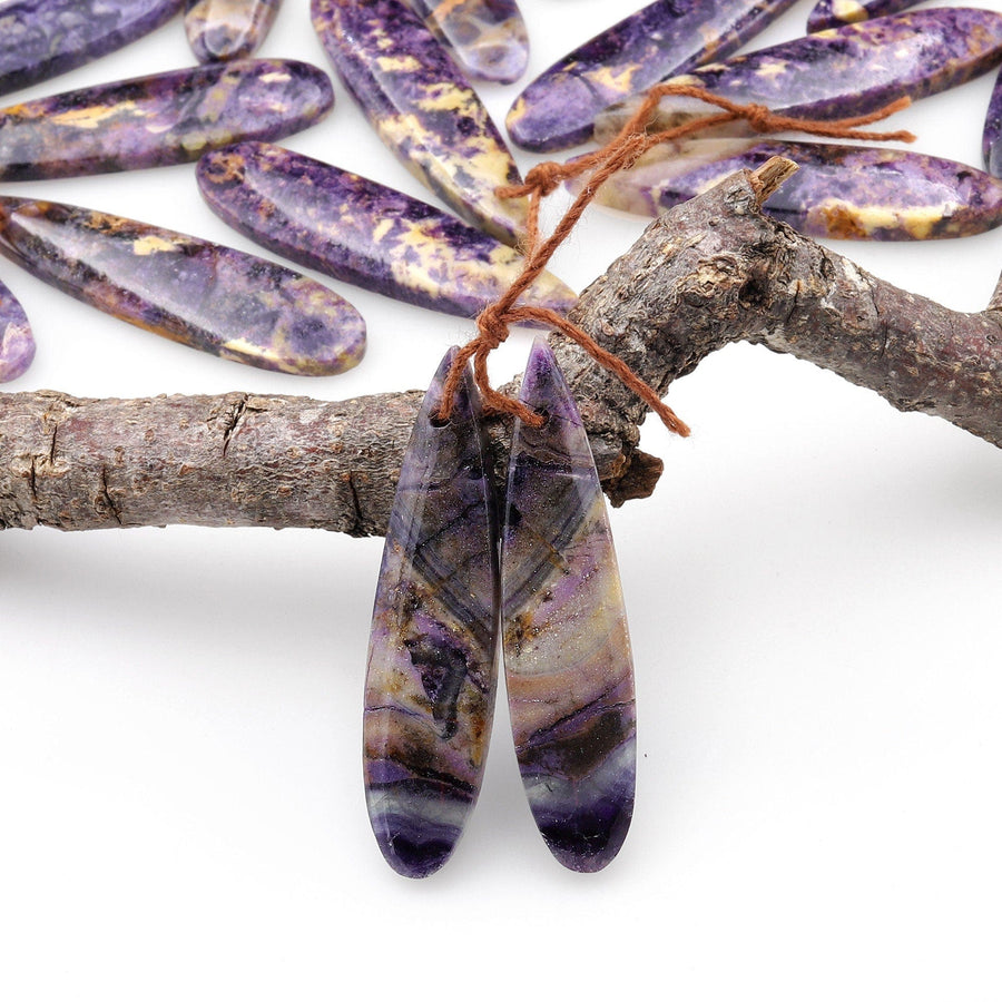 Natural African Petrified Purple Opal Earring Pair Matched Long Slender Teardrop Gemstone Beads A5