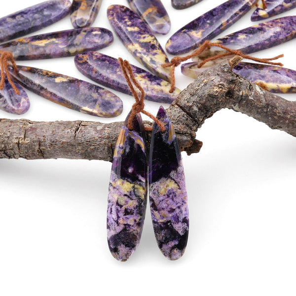 Natural African Petrified Purple Opal Earring Pair Matched Long Slender Teardrop Gemstone Beads A8
