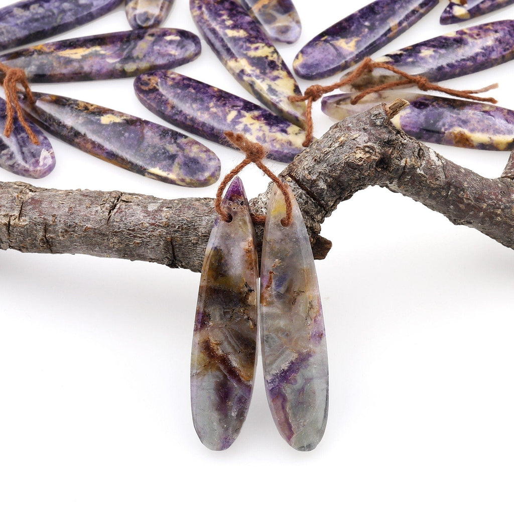 Natural African Petrified Purple Opal Earring Pair Matched Long Slender Teardrop Gemstone Beads A9