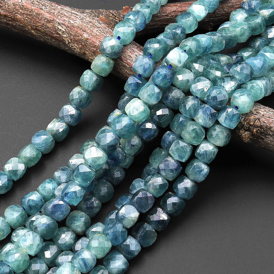 AAA Rare Faceted Natural Bicolor Blue Green Kyanite 4mm Cube Beads 15.5" Strand