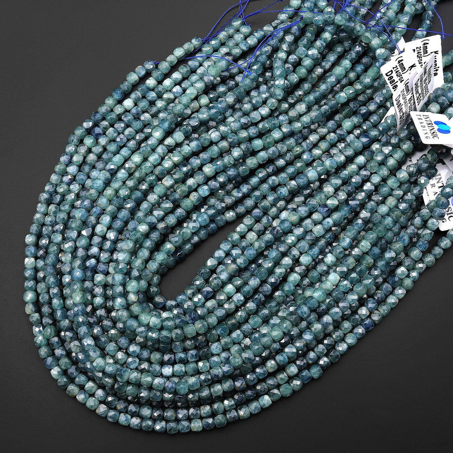 AAA Rare Faceted Natural Bicolor Blue Green Kyanite 4mm Cube Beads 15.5" Strand