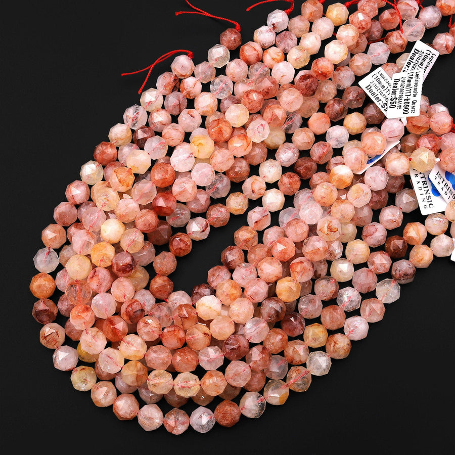 Faceted Natural Red Hematoid Lepidocrocite Quartz 10mm Rounded Beads Double Hearted Star Cut 15.5" Strand