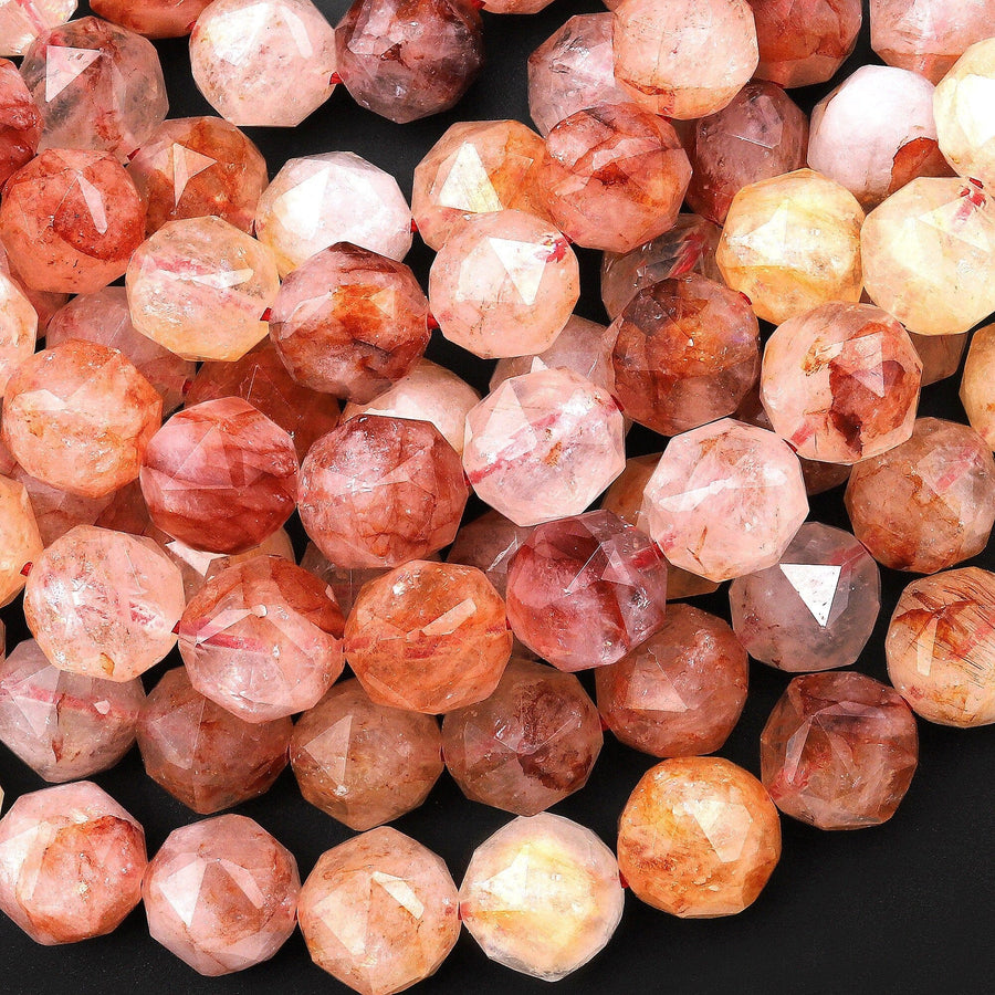 Faceted Natural Red Hematoid Lepidocrocite Quartz 10mm Rounded Beads Double Hearted Star Cut 15.5" Strand