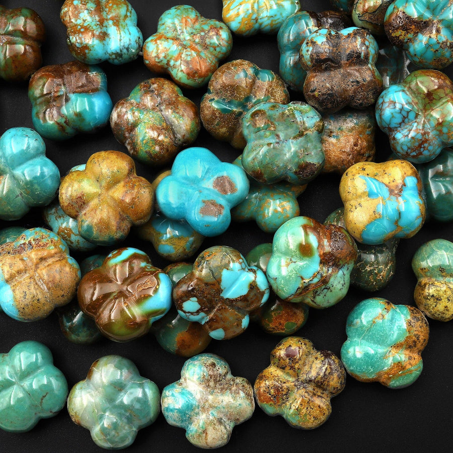 Hand Carved Real Genuine Natural Green Golden Brown Blue Turquoise 3D 4 Leaf Clover 16mm Beads Choose from 5 pcs, 10 pcs