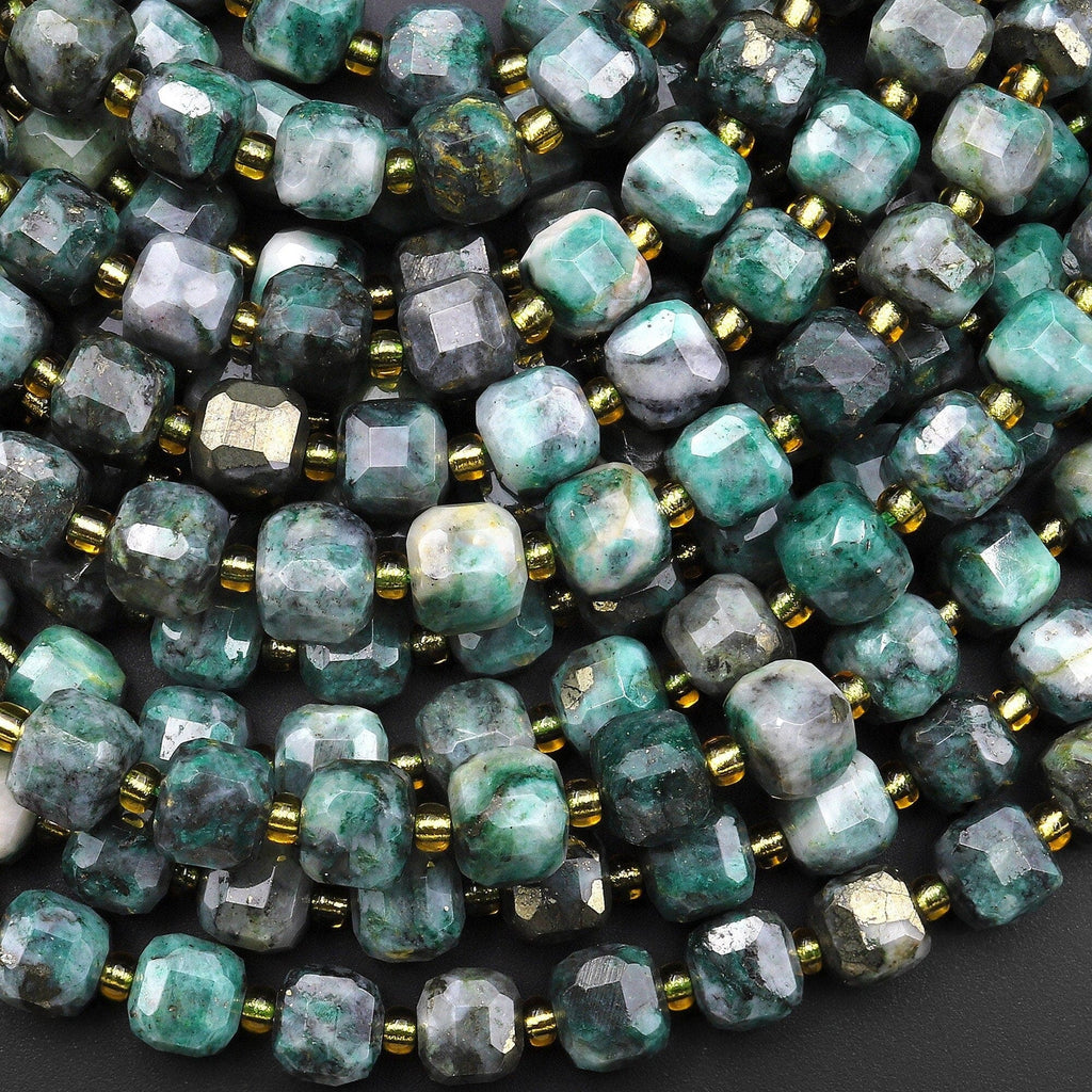 Rare Natural Iron Pyrite in Green Jade Faceted Rubik's Cube 7mm 8mm Beads 15.5" Strand