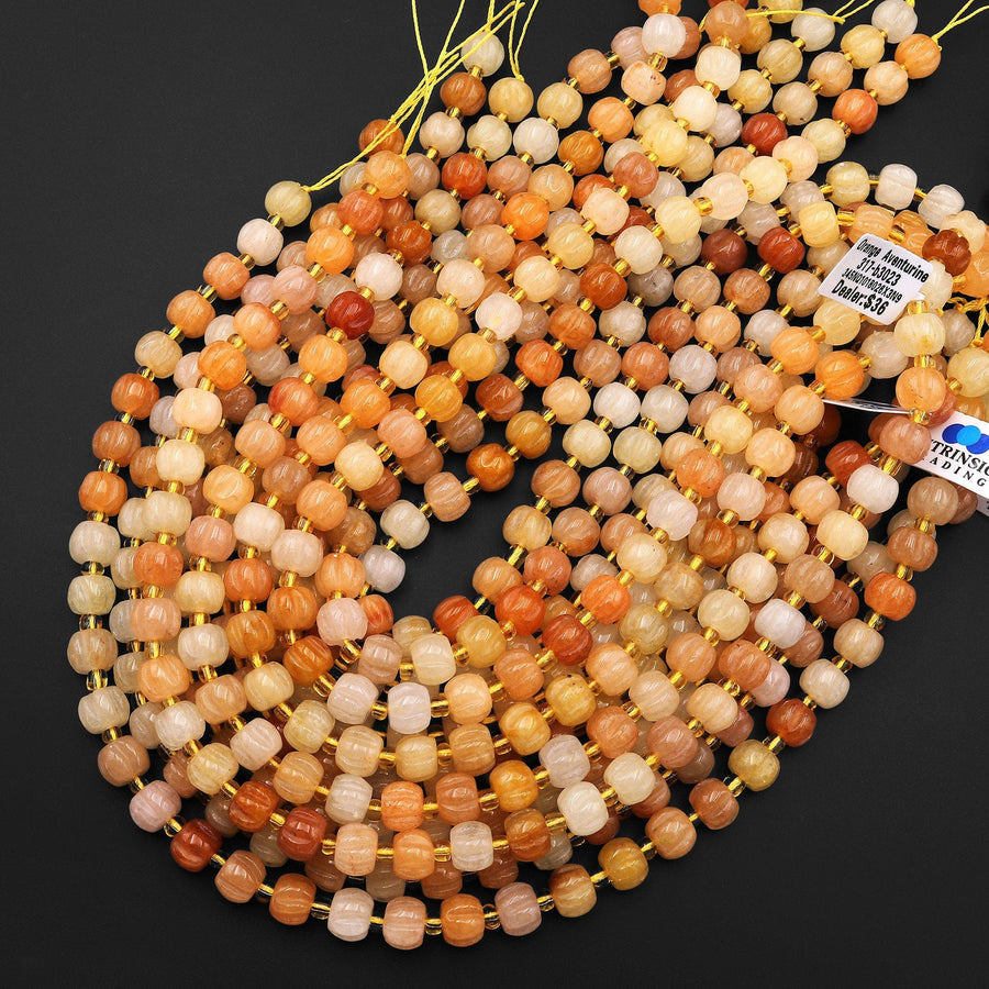 Hand Carved Natural Orange Aventurine 10mm 12mm Pumpkin Melon Rondelle Beads 15.5" Strand