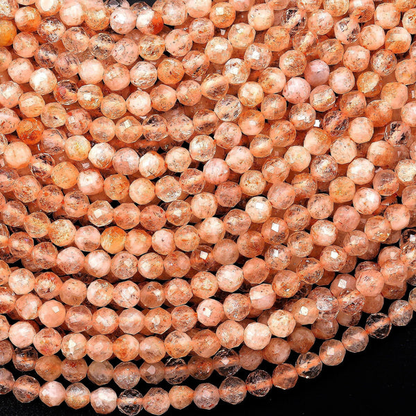 Faceted Natural Sunstone 3mm 4mm 5mm Round Beads Sparkling Gemstone 15.5" Strand