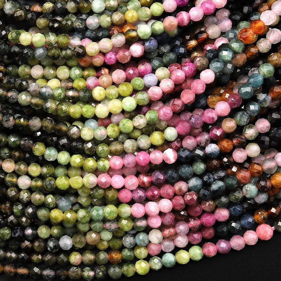 Natural Colorful Pink Green Blue Cognac Tourmaline Micro Faceted 3mm Round Gemstone Beads 15.5" Strand