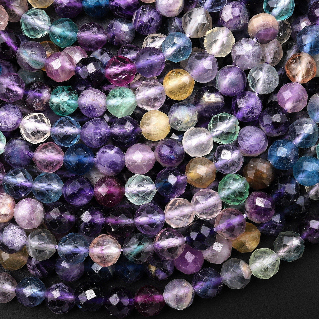 Natural Fluorite Faceted 6mm Round Beads Purple Green Yellow Gemstone Bead 15.5" Strand