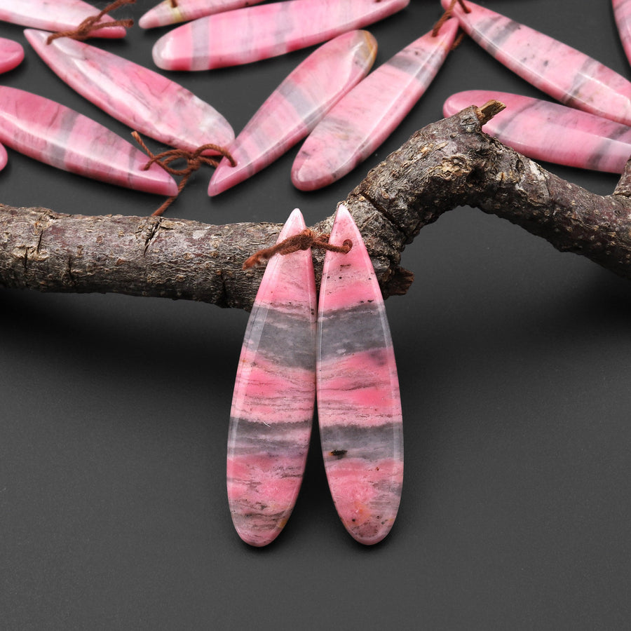 AAA Natural Pink Rhodonite In Quartz Earring Pair Teardrop Drilled Matched Gemstone Beads