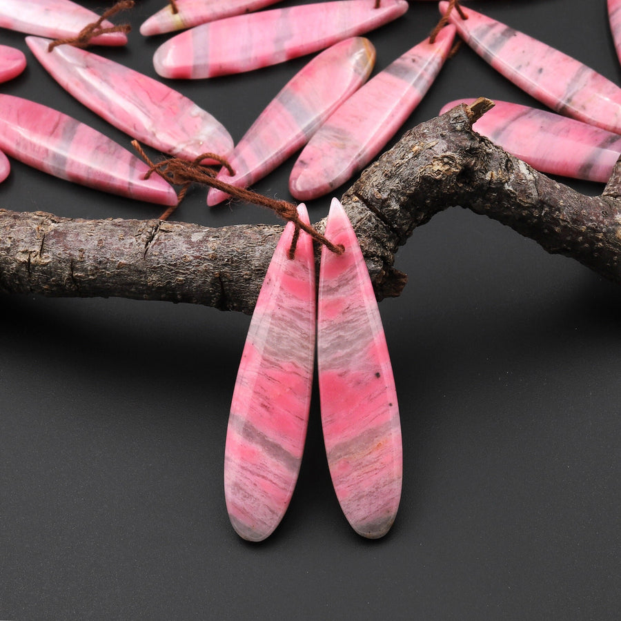 AAA Natural Pink Rhodonite In Quartz Earring Pair Teardrop Drilled Matched Gemstone Beads