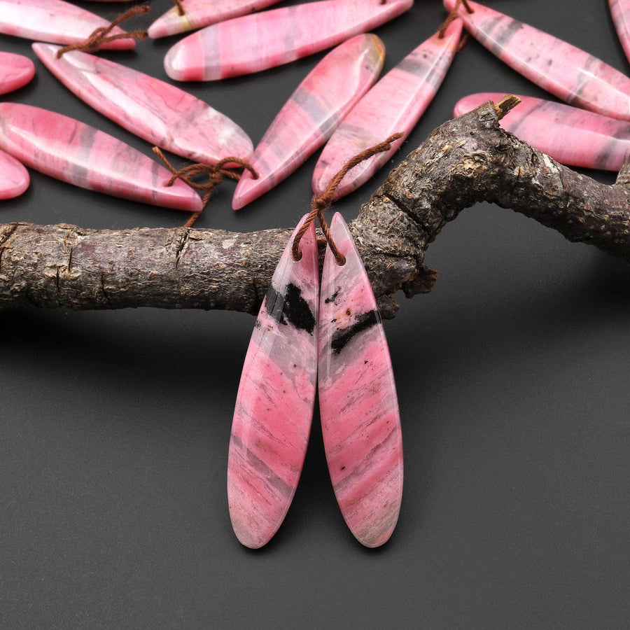 AAA Natural Pink Rhodonite In Quartz Earring Pair Teardrop Drilled Matched Gemstone Beads A3