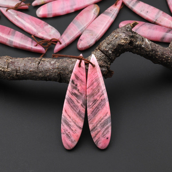 AAA Natural Pink Rhodonite In Quartz Earring Pair Teardrop Drilled Matched Gemstone Beads A10