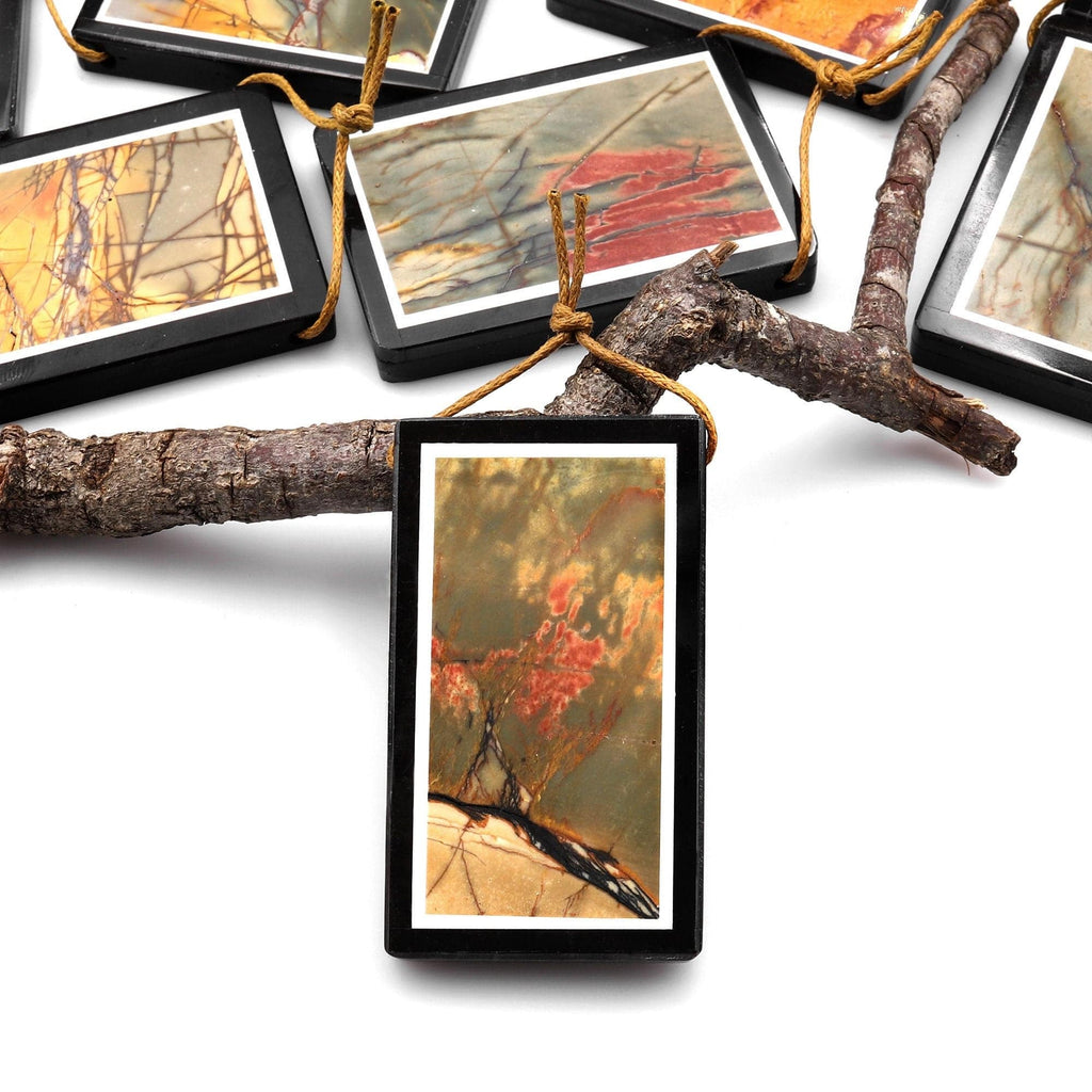 Large Intarsia Pendant Natural Red Creek Jasper W Black Onyx Inlay Frame Side Drilled Long Rectangle Pendant A5