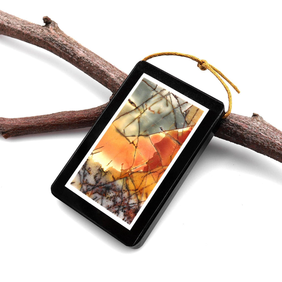 Large Intarsia Pendant Natural Red Creek Jasper W Black Onyx Inlay Frame Side Drilled Long Rectangle Pendant A7
