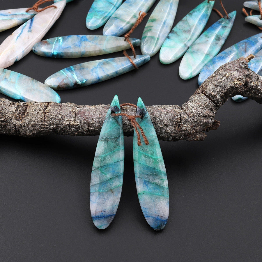 Drilled Chrysocolla in Quartz Teardrop Earring Pair Matched Teardrop Cabochon Gemstone Beads A9