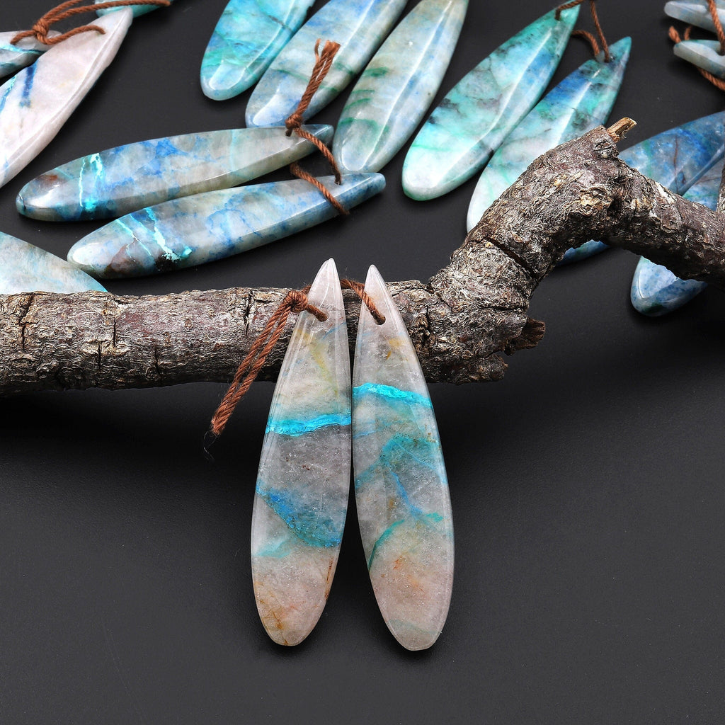 Drilled Chrysocolla in Quartz Teardrop Earring Pair Matched Teardrop Cabochon Gemstone Beads A11