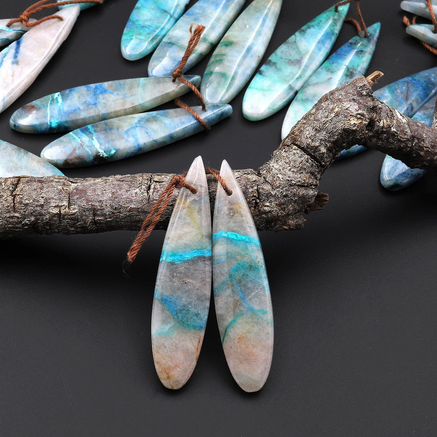 Drilled Chrysocolla in Quartz Teardrop Earring Pair Matched Teardrop Cabochon Gemstone Beads A11