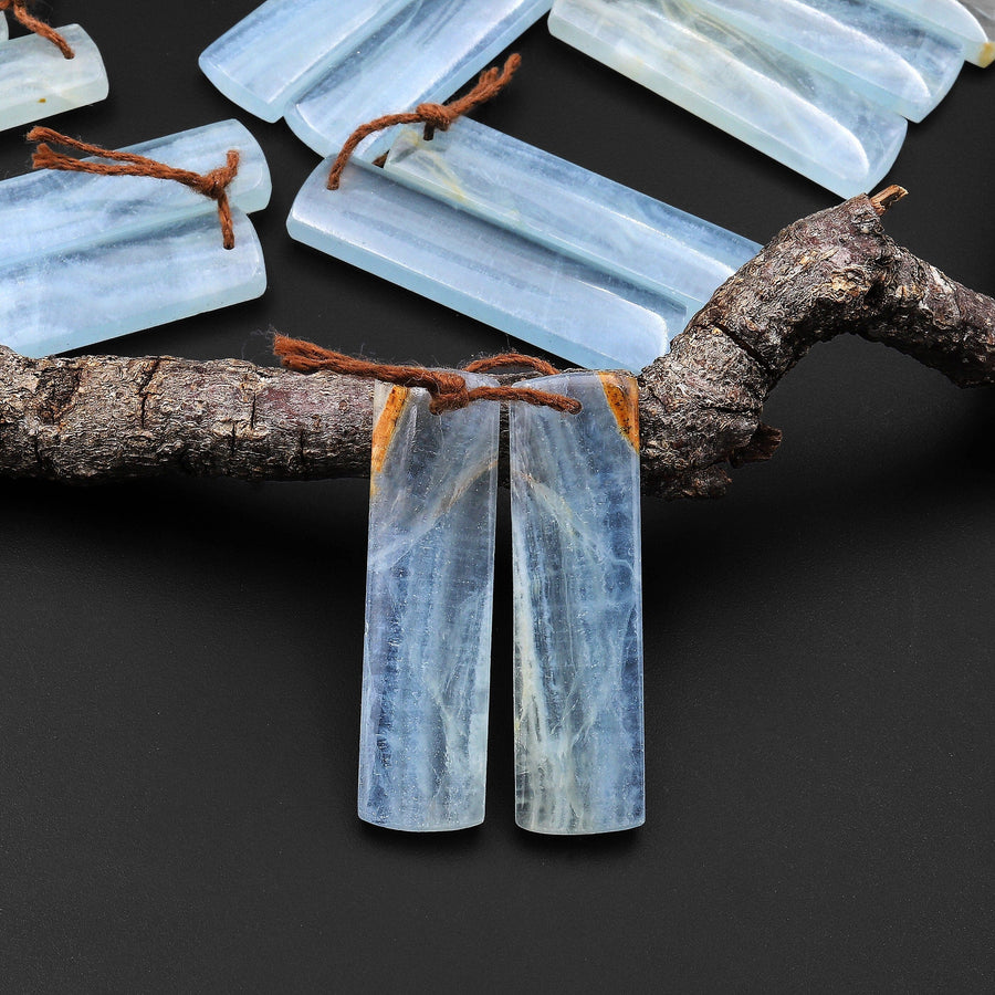 Natural Argentina Lemurian Aquatine Blue Calcite Rectangle Matched Earring Pairs Drilled Gemstone Cabochon Beads A5