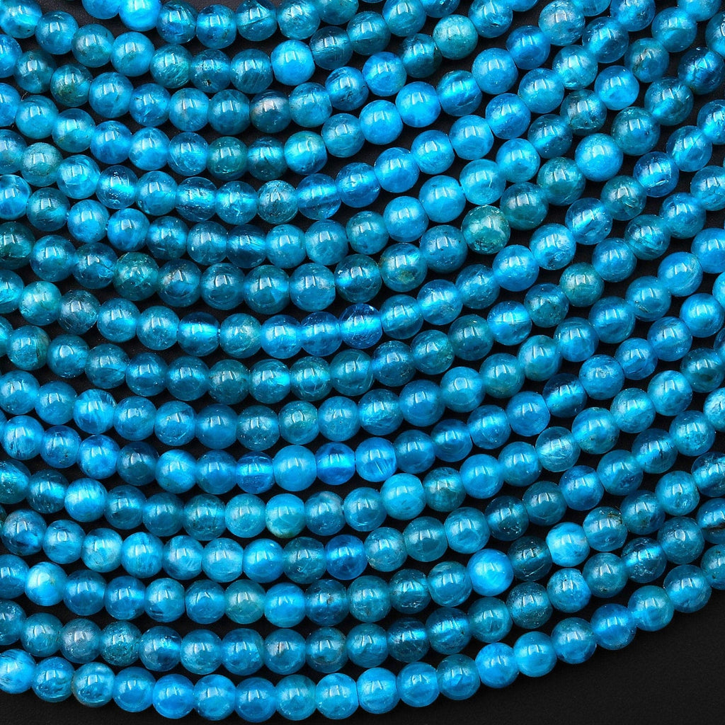 Vibrant Natural Teal Blue Apatite 3mm 4mm Smooth Round Beads 15.5" Strand