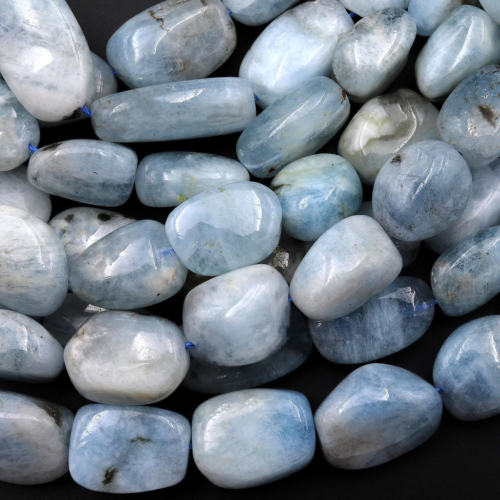 Natural Blue Aquamarine Freeform Pebble Nugget Beads W/ Iron Matrix 15.5" Strand