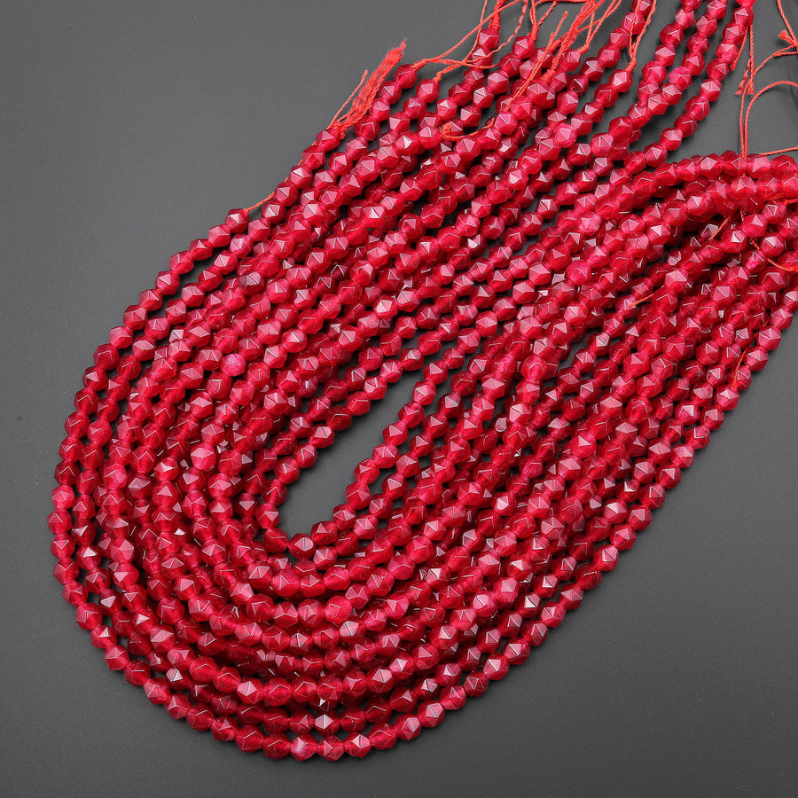 Star Cut Red Jade Beads Faceted 6mm Rounded Nugget Sharp Facets 15" Strand