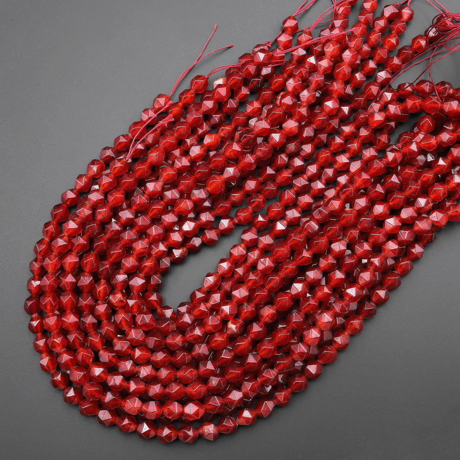 Star Cut Natural Red Agate Beads Faceted 8mm Rounded Nugget Sharp Facets 15" Strand