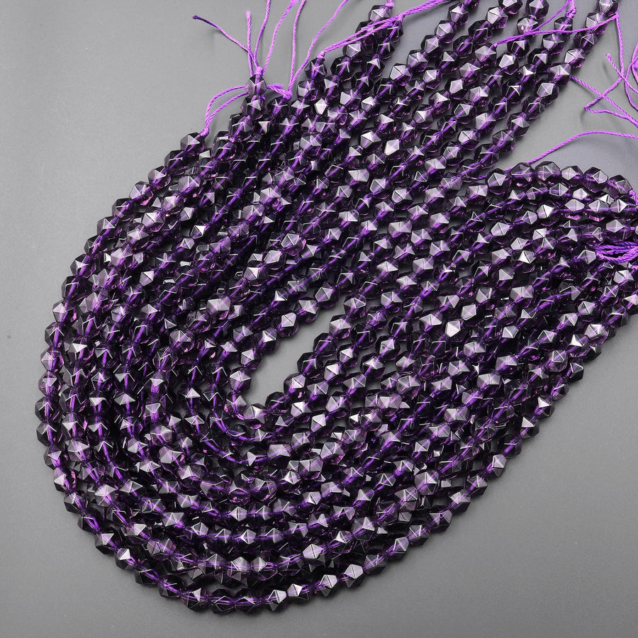 Star Cut Amethyst Beads Faceted 6mm 8mm 10mm Rounded Nugget Sharp Facets 15" Strand