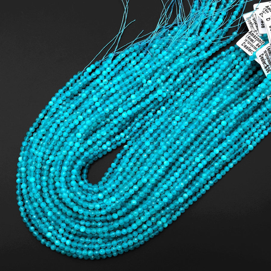 AAA Peruvian Amazonite 4mm Faceted Round Beads Natural Teal Aqua Blue Gemstone Micro Laser Diamond Cut 15.5" Strand