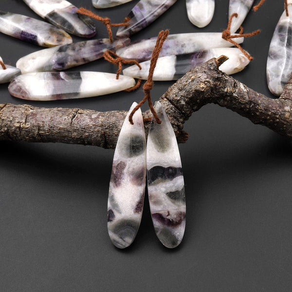 Natural Petrified Purple Opal Earring Pair Matched Long Teardrop Gemstone Beads A4