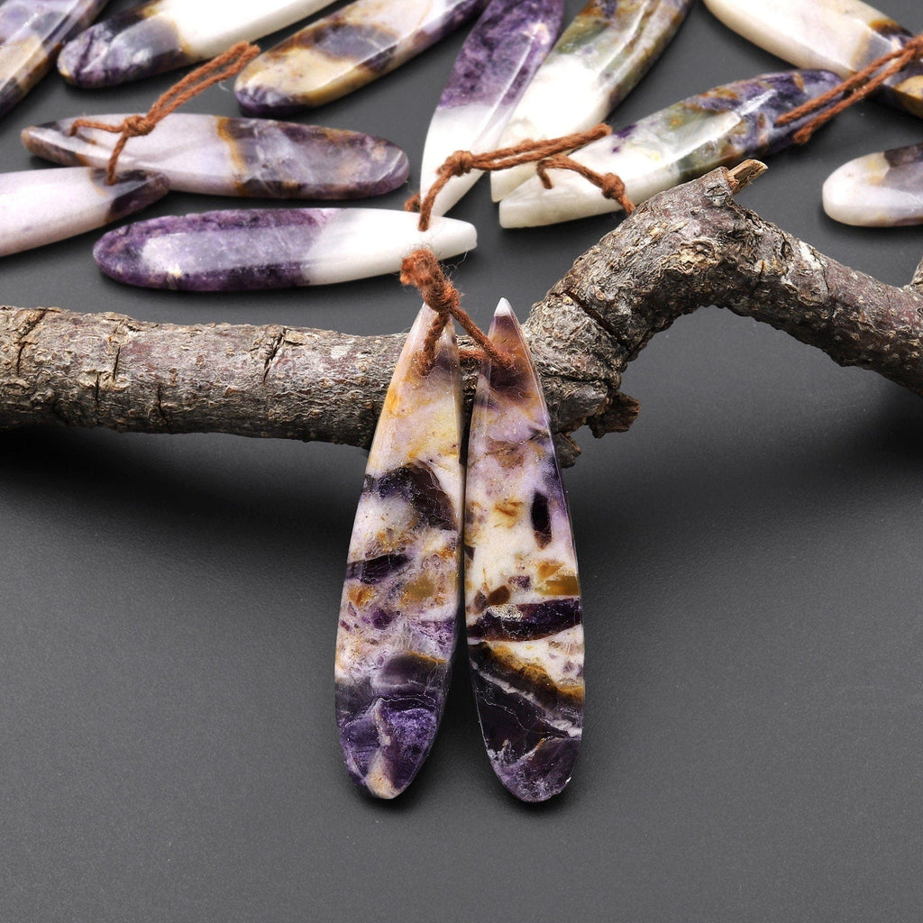 Natural Petrified Purple Opal Earring Matched Thin Teardrop Drilled Gemstone Pair A2