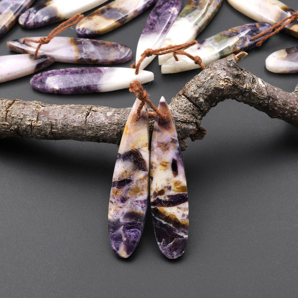 Natural Petrified Purple Opal Earring Matched Thin Teardrop Drilled Gemstone Pair A2