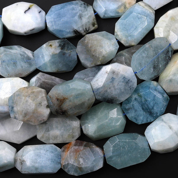 Faceted Natural Aquamarine Octagon Nugget Beads Hand Cut Gemstone 16" Strand