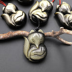 AAA Hand Carved Natural Golden Obsidian Fox Pendant Gemstone Focal Bead