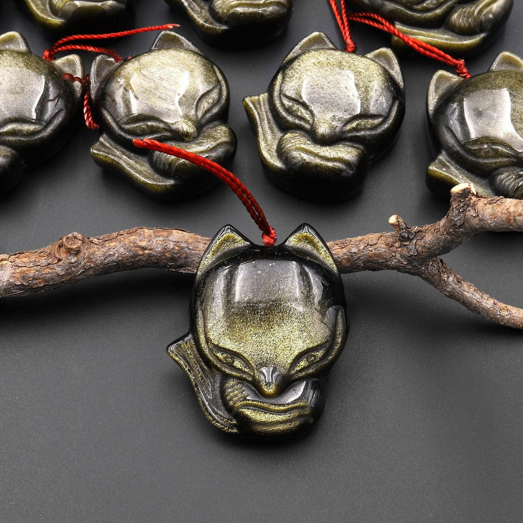 AAA Hand Carved Natural Golden Obsidian Baby Fox Pendant Focal Gemstone A1