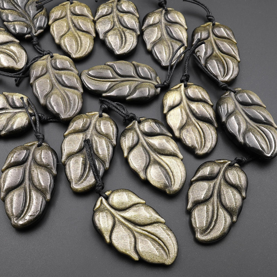 AAA Hand Carved Natural Golden Obsidian Leaf Pendant Focal Gemstone Bead