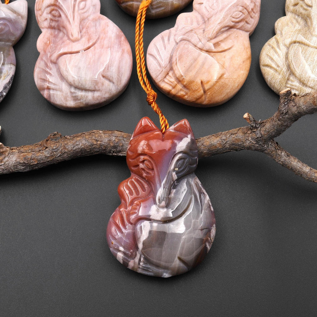Hand Carved Natural Petrified Wood Fox Pendant Gemstone Focal Bead A6