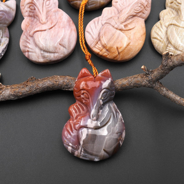 Hand Carved Natural Petrified Wood Fox Pendant Gemstone Focal Bead A6