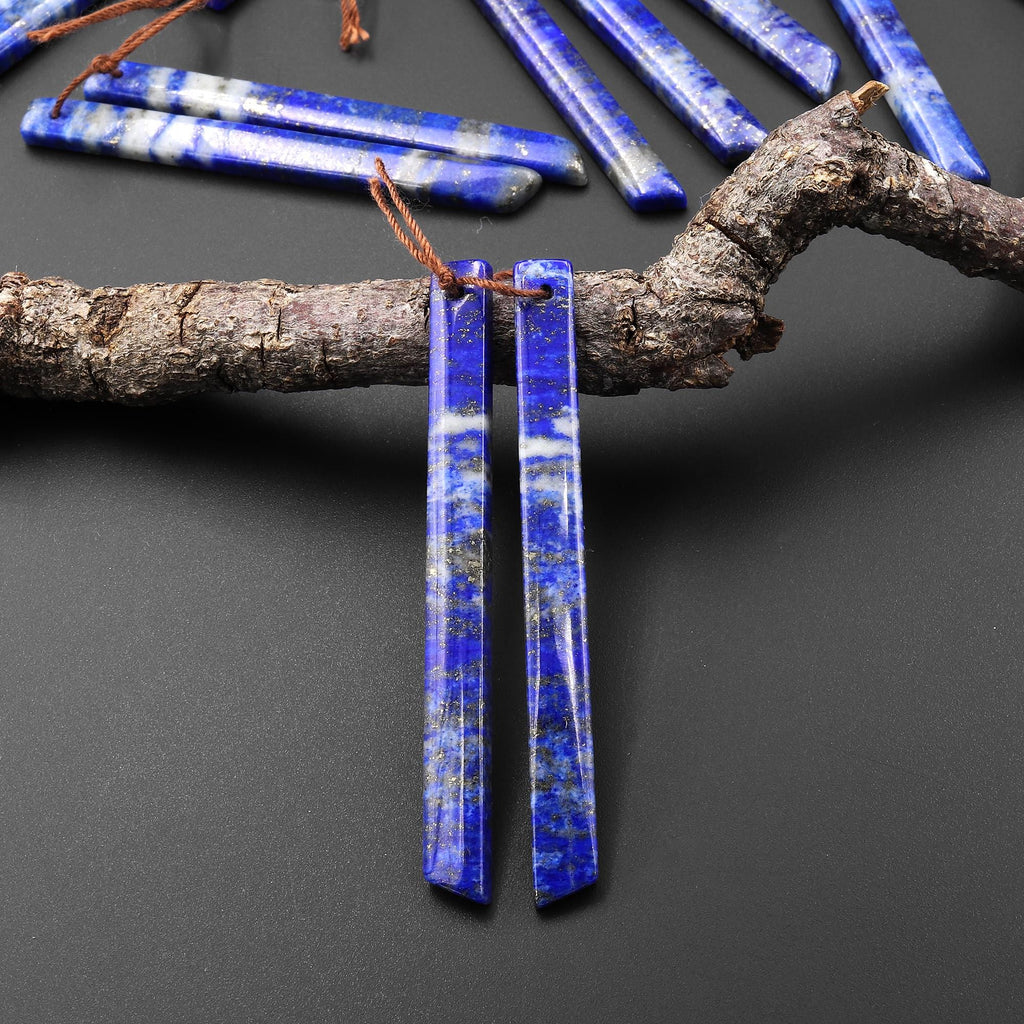 Natural Blue Lapis Earring Pair Modern Long Beveled Rectangle Spike Matched Gemstone Beads