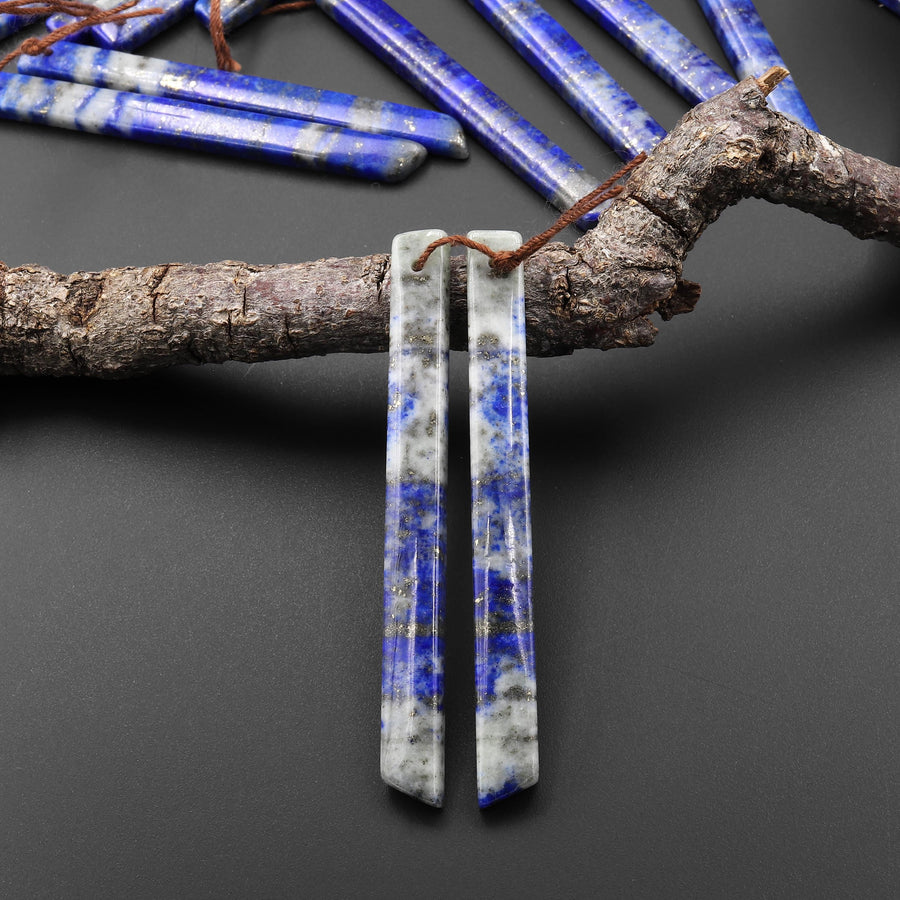 Natural Blue Lapis Earring Pair Modern Long Beveled Rectangle Spike Matched Gemstone Beads