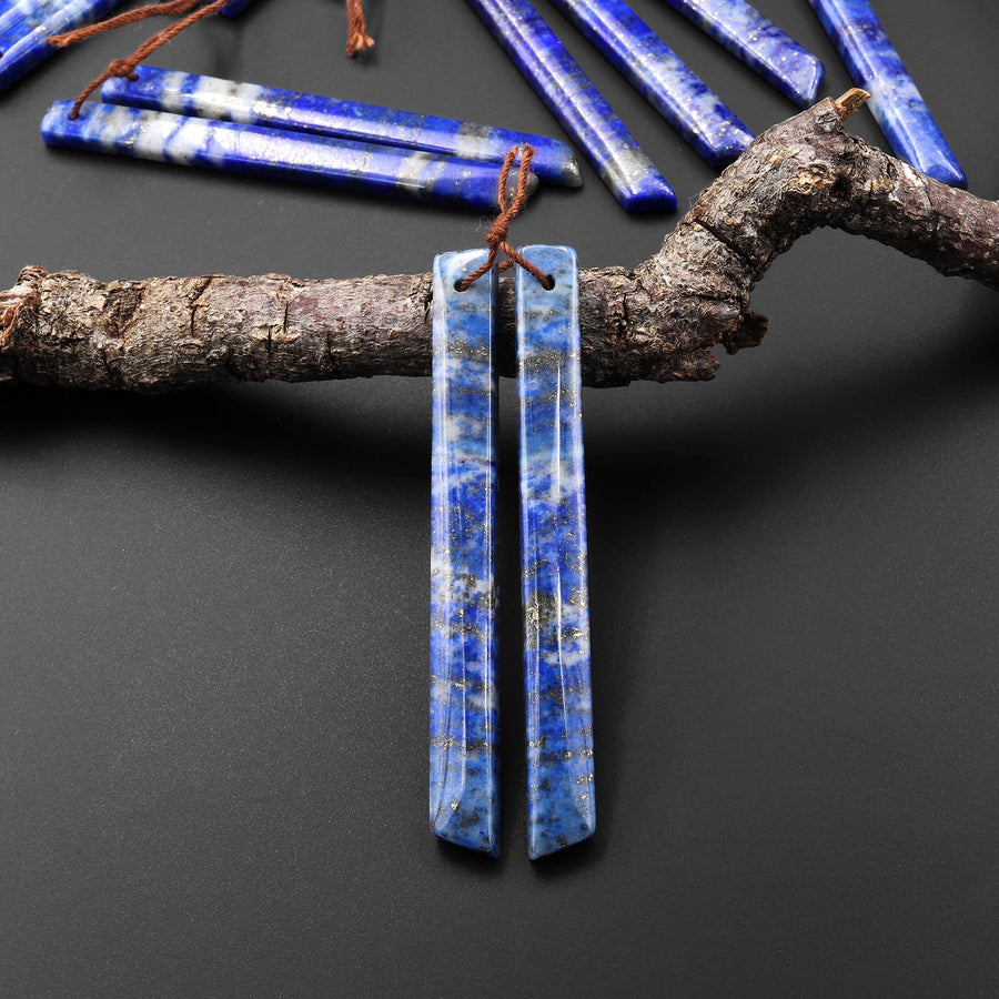 Natural Blue Lapis Earring Pair Modern Long Beveled Rectangle Spike Matched Gemstone Beads A2