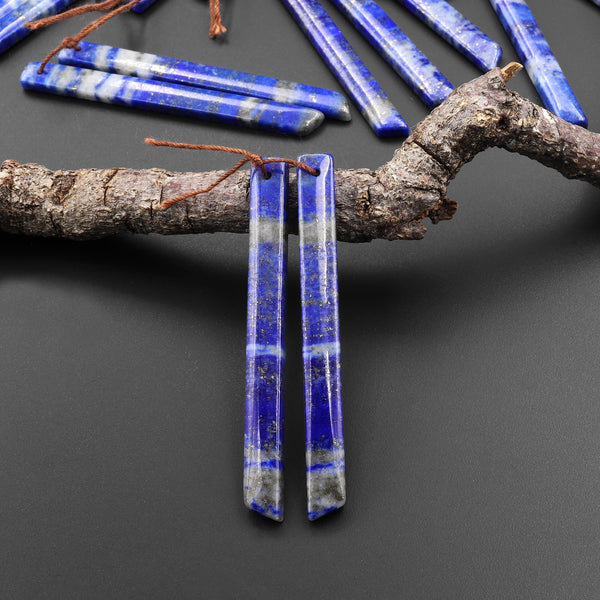 Natural Blue Lapis Earring Pair Modern Long Beveled Rectangle Spike Matched Gemstone Beads A4