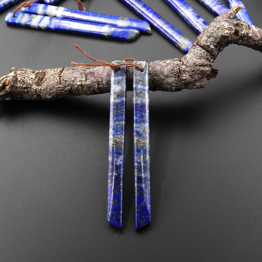 Natural Blue Lapis Earring Pair Modern Long Beveled Rectangle Spike Matched Gemstone Beads A9