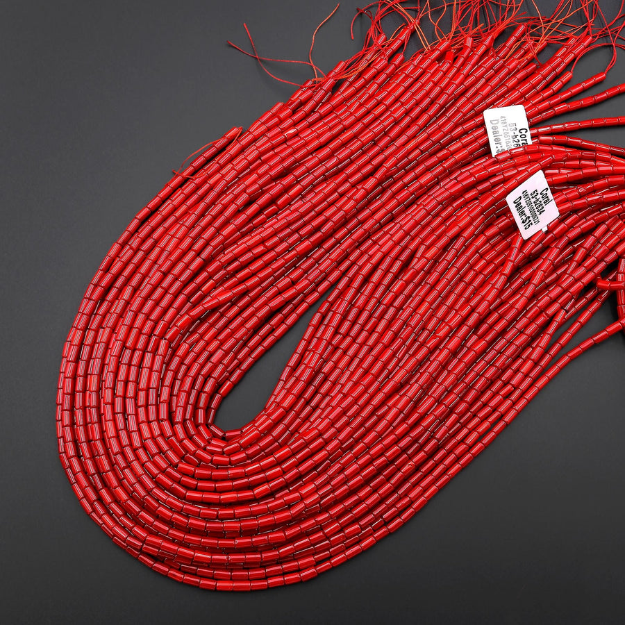 Genuine Red Bamboo Coral Smooth Thin Tube Cylinder 5x3mm Beads 15.5" Strand