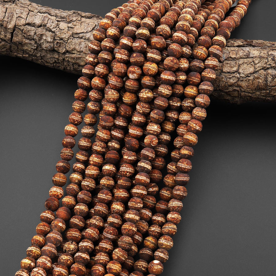 Tibetan Agate 8mm Round Beads Dzi Agate Brown Etched Line Matte Mala Antique Boho Style 15.5" Strand